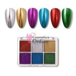 Pigment Metalic Mirror Effect pentru Gel UV sau Acril,  NADP002II - 6 culori  + 3 aplicatoare